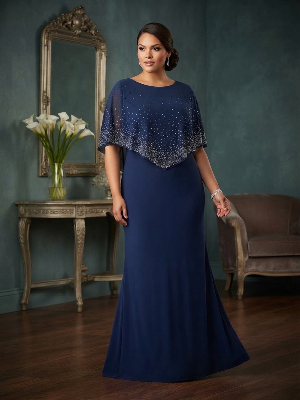 Oleg Cassini Navy Beaded Maxi Dress with Overlay